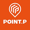 Logo POINT.P : Localisation et Services Bâtiment Logo POINT.P orange et blanc : une épingle de localisation contenant un motif abstrait stylisé en lignes, sous lequel est inscrit le texte POINT.P.