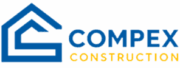 Logo de l'entreprise COMPEX CONSTRUCTION. Icône géométrique bleue représentant un toit et une maison. Texte jaune pour CONSTRUCTION.